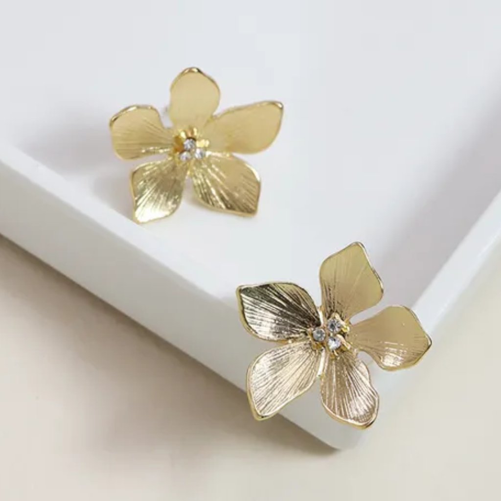 Gold Gilded Floral Cz Diamond Flower Stud Earrings New